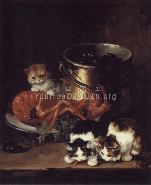 Kittens with Mussels and a Lobster - 阿尔弗雷德·阿瑟·布鲁内尔·德·纽维尔